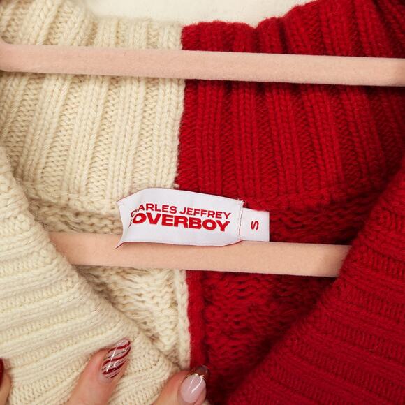 Charles Jeffrey Loverboy Off White Red College Cricket Cable Knit Wool Sweater - Picture 13 of 15